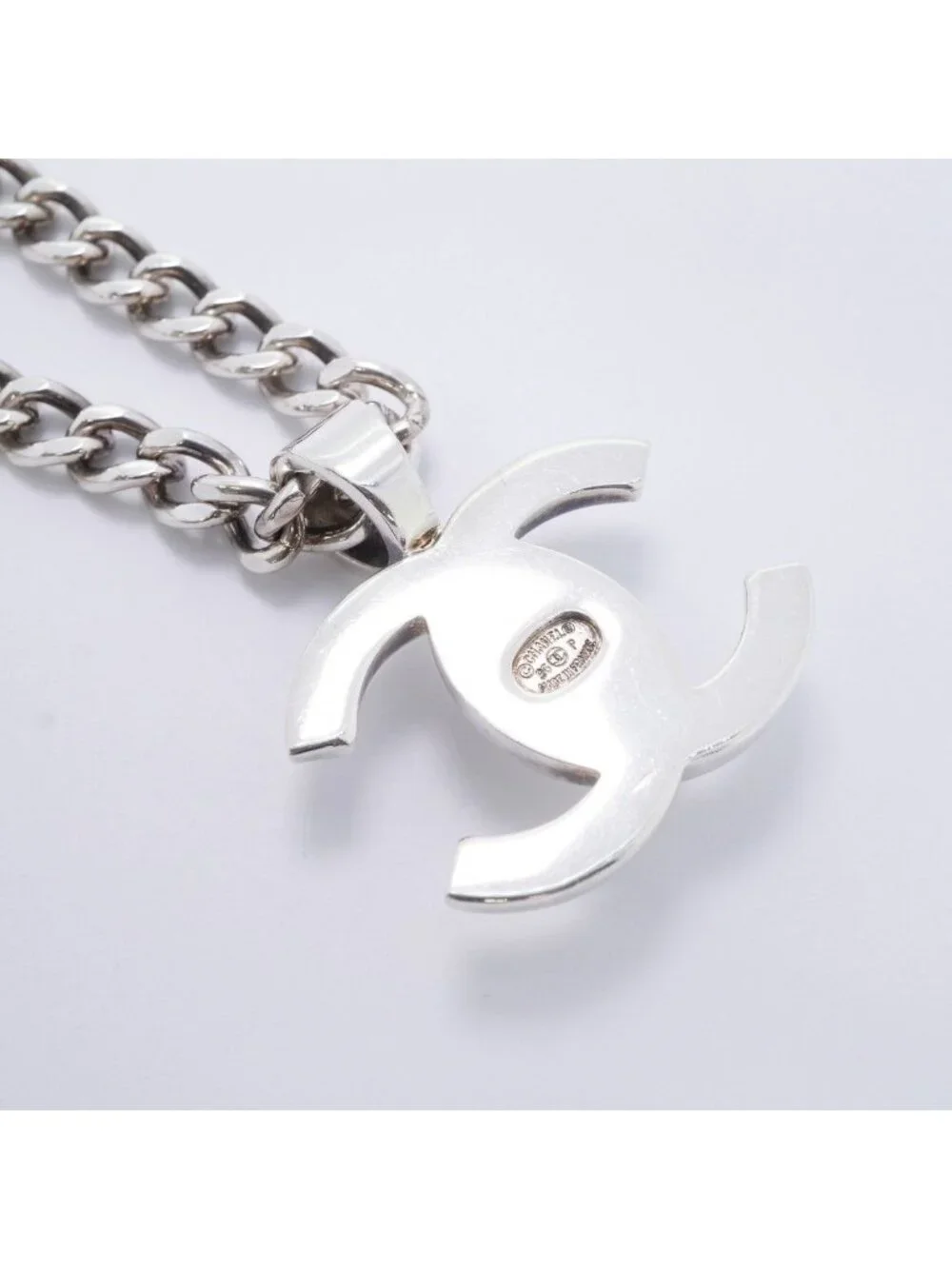 Chanel Necklace Vintage CC Logo Turnlock Metal Silver